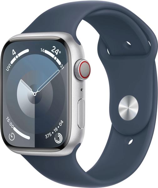 Apple Watch Series 9 4G 45mm Aluminium Silber Sportarmband Sturmblau S/M