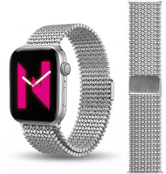 NALIA Alvia Mesh Loop Armband für Apple Watch 42/44/45/46/49mm, Edelstahl, magnetisch, silber (de-8238_01)