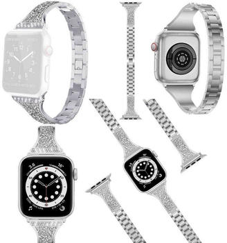 Wigento Apple Watch Series Ultra 49mm 8 7 45 / 6 SE 5 4 44 / 3 2 1 42mm Deluxe Diamant Style Stahl Ersatz Armband Silber Smart Uhr