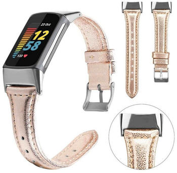 Wigento Fitbit Charge 5 Hochwertiges Leder Uhr Watch Smart Sport Armband Rose Gold Männer Größe L