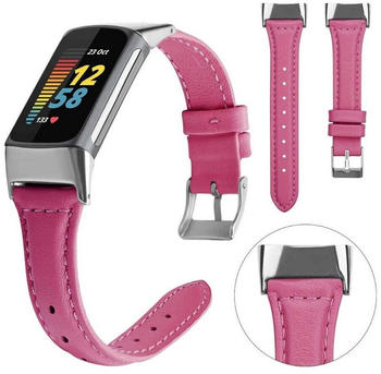 Wigento Fitbit Charge 5 Hochwertiges Leder Uhr Watch Smart Sport Armband Pink Männer Größe L