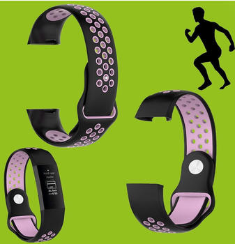 Wigento Hochwertiges Kunststoff / Silikon Armband Fitbit Charge 3 + 4 / Versa 2 Neu, Farbe:Schwarz / Pink, Ausführung:Größe L / Männer,-Typ:Fitbit Charge 3 + 4