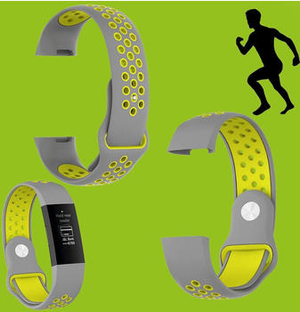 Wigento Hochwertiges Kunststoff / Silikon Armband Fitbit Charge 3 + 4 / Versa 2 Neu, Farbe:Grau / Gelb, Ausführung:Größe L / Männer,-Typ:Fitbit Charge 3 + 4