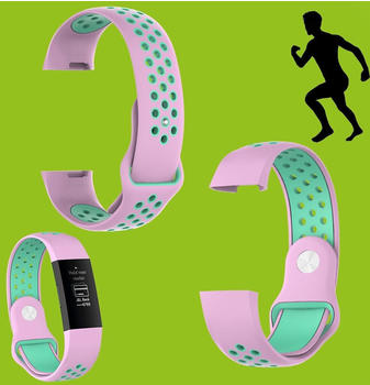 Wigento Hochwertiges Kunststoff / Silikon Armband Fitbit Charge 3 + 4 / Versa 2 Neu, Farbe:Pink / Türkis, Ausführung:Größe L / Männer,-Typ:Fitbit Charge 3 + 4