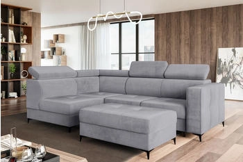 Meblini Schlafcouch mit Bettkasten/Relaxfunktion/Kopfstützen L-Form DORIAN 263x232x89cm Links Grau Samt