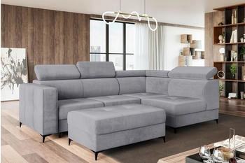 Meblini Schlafcouch mit Bettkasten/Relaxfunktion/Kopfstützen L-Form DORIAN 263x232x89cm Rechts Grau Samt