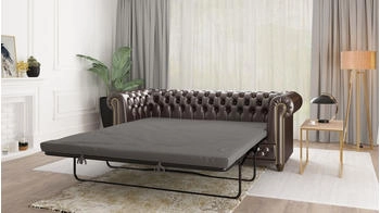 S-Style M&ouml;bel Chesterfield Sofa 3 sitzer mit SchlaffunktionBraun veganem Leder mit Holzf&uuml;&szlig;en Area 203x86x72 cm