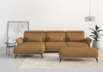 Places of Style Ecksofa Fjord L-Form gelb (mustard) 324x93x184cm massiv mit Armlehnfunktion Kopf- Sitztiefenverstellung mustard