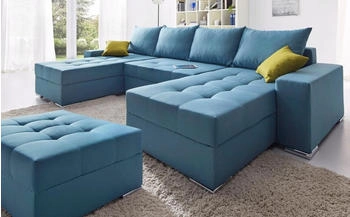 Collection AB Wohnlandschaft Josy U-Form blau 313x84x161cm inkl. Bettfunktion, Bettkasten Zierkissen, mit 2 Recamieren blau