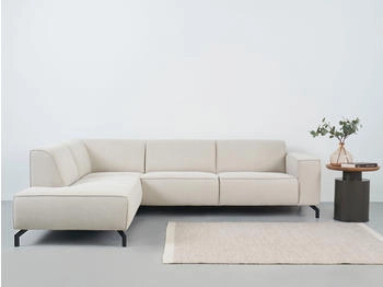 Places of Style Ecksofa Lorcan beige 275x77x210cm Strukturmit schwarzen Metallfüßen, Lederoptik weichem Strukturstoff