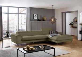 Willi Schillig Ecksofa piedroo 343x70x193 cm Longlife Xtra-Leder Z69 Longchair rechts mit Kopfteil-/-ohne Sitztiefenverstellung grün (camouflage z69)