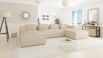 S-Style M&ouml;bel Wohnlandschaft Renne Cord weichem Sitz Ottomane zwei 3 Beige