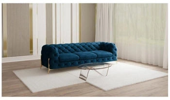 S-Style M&ouml;bel Chesterfield-Sofa 3-Sitzer-Ashley Goldene Metall F&uuml;&szlig;en Marineblau
