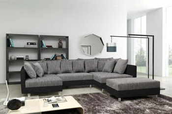 Küchenpreis-Bombe Wohnlandschaft Eckcouch schwarz / hellgrau Minsk XXL Sofa U-Form Hocker 297x85x184 cm