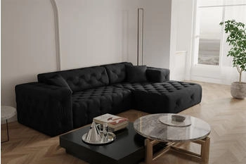 Fun Möbel Ecksofa Ecksofa Designersofa CHANTAL in Stoff Opera Velvet, Ottomane Links und Rechts, Schwarz