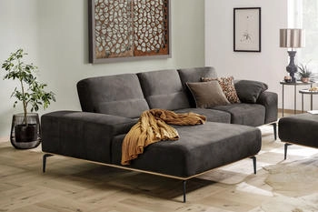 Willi Schillig Ecksofa run 279x88x178 cm Stoff S37 Recamiere links mit Sitztiefenverstellung grau (antracite s37)