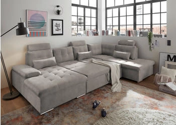 ED EXCITING DESIGN Wohnlandschaft Jakarta U-Form mit Bettfunktion Bettkasten Armteilverstellung Kopfstützen & 3 Nierenkissen grau-beige