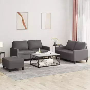 vidaXL 3-tlg. Sofagarnitur mit Kissen Grau Kunstleder (3201415)