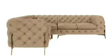 S-Style M&ouml;bel Chesterfield Ecksofa 5-Sitzer Samt Beige Goldene Metallf&uuml;&szlig;e 264x264cm