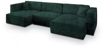 Masseno SARMO Wohnlandschaft U-Form Schlaffunktion Kordstoff Gr&uuml;n (SARMO TILIA 39)