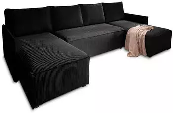 Masseno TRES Ecksofa U-Form Schlaffunktion Bettkasten Kordstoff Schwarz (TRES POSO 135)