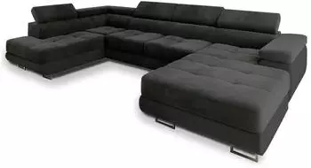 Masseno Casone L-S Wohnlandschaft U-Form Velours Schwarz mit Schlaffunktion 345x90x202cm
