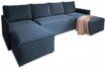 Masseno TRES Wohnlandschaft U-Form Kordstoff Blau Schlaffunktion (TRES POSO 05)