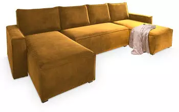 Masseno DENI Ecksofa U-Form Schlaffunktion Velours Gelb (DENI MONOLITH 48)
