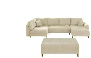 S-Style M&ouml;bel Trygve Wohnlandschaft U-Form mit Hocker, Chenille, Beige, 310x81cm