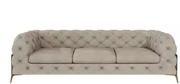 S-Style M&ouml;bel Chesterfield-Sofa Nova 3-Sitzer Samt, Creme, Goldene Metallf&uuml;&szlig;e (243x75x100cm)