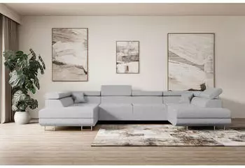 ALTDECOR GUSA-U Wohnlandschaft U-Form mit Schlaffunktion und Bettkasten, Hellgrau Boucl&eacute;, 342x202x107cm