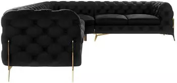 S-Style M&ouml;bel Nova Chesterfield Ecksofa Samt Schwarz, Goldene Metallf&uuml;&szlig;e, Ottomane (323x264cm)