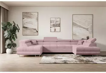 ALTDECOR GUSA-U Wohnlandschaft U-Form mit Schlaffunktion und Bettkasten, Rosa Cord, 342x202x107cm (GUSA-U)