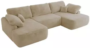 MKS Meble CUBO U Wohnlandschaft U-Form Schlaffunktion Bettkasten, Creme Pl&uuml;sch, 370x187x100cm