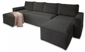 Masseno Aspra Ecksofa U-Form Schlaffunktion Bettkasten Kordstoff Schwarz (POSO 135)