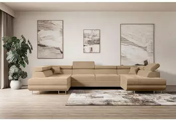 ALTDECOR GUSA-U Wohnlandschaft U-Form mit Schlaffunktion und Bettkasten, Beige, 342x202x107cm
