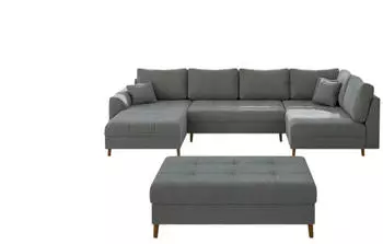 S-Style M&ouml;bel Wohnlandschaft Lars mit Hocker Boucl&eacute;-Stoff grau U-Form 310cm