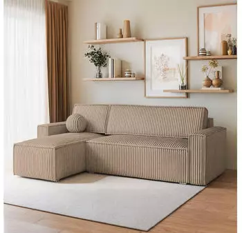 Masseno Ravelo T Ecksofa L-Form mit Schlaffunktion & Bettkasten, Kordstoff, Beige, 240x140cm (RAVELO T TILIA 17)