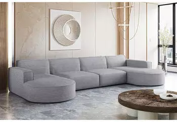 Kaiser M&ouml;bel Modena XL Ecksofa U-Form Cord Hellgrau 382x165cm
