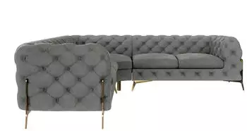 S-Style M&ouml;bel Chesterfield Ecksofa 5-Sitzer Samt Grau Goldene Metallf&uuml;&szlig;e 264x264cm