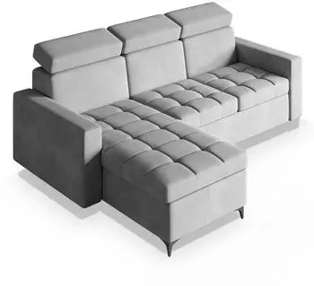 Masseno KAME Ecksofa L-Form mit Schlaffunktion & Bettkasten, Hellgrau (KAME PAROS 05)