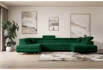ALTDECOR GUSA-U Wohnlandschaft U-Form mit Schlaffunktion und Bettkasten, Velours, Gr&uuml;n, 342x202x107cm