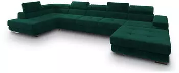 Masseno Toriva L-S Ecksofa U-Form mit Schlaffunktion & Bettkasten, Velours, Gr&uuml;n (TORIVA L-S MONOLITH 37)