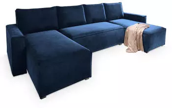 Masseno Deni Ecksofa U-Form Velours Blau mit Schlaffunktion & Bettkasten (DENI MONOLITH 77)