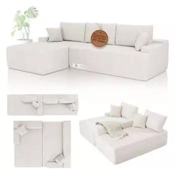 Juskys Coredo Ecksofa mit Ottomane links, Cord, Creme (Coredo)