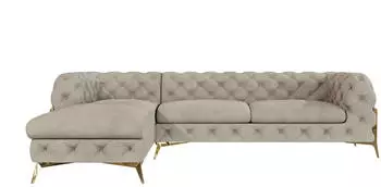 S-Style M&ouml;bel Chesterfield Ecksofa mit Ottomane links, Samt, Creme, 5-Sitzer, 305x200cm
