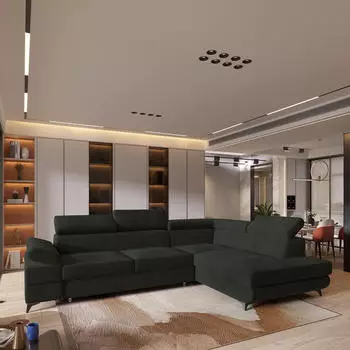 Masseno FAVIEN R-S Ecksofa L-Form mit Schlaffunktion & Bettkasten, Velours, Schwarz (FAVIEN R-S MONOLITH 95)