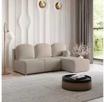 Masseno Trama Ecksofa L-Form Boucl&eacute;-Stoff Beige mit Schlaffunktion & Bettkasten (TRAMA QUELLE 05)