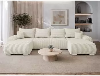 Mirjan24 Ubo U Cord Wohnlandschaft U-Form mit Schlaffunktion und Bettkasten, creme