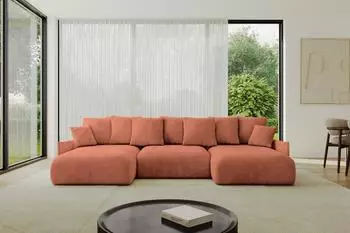 ALTDECOR ONESK-U-v1 Wohnlandschaft U-Form mit Schlaffunktion & Bettkasten, Apricot Velours (800001146946)